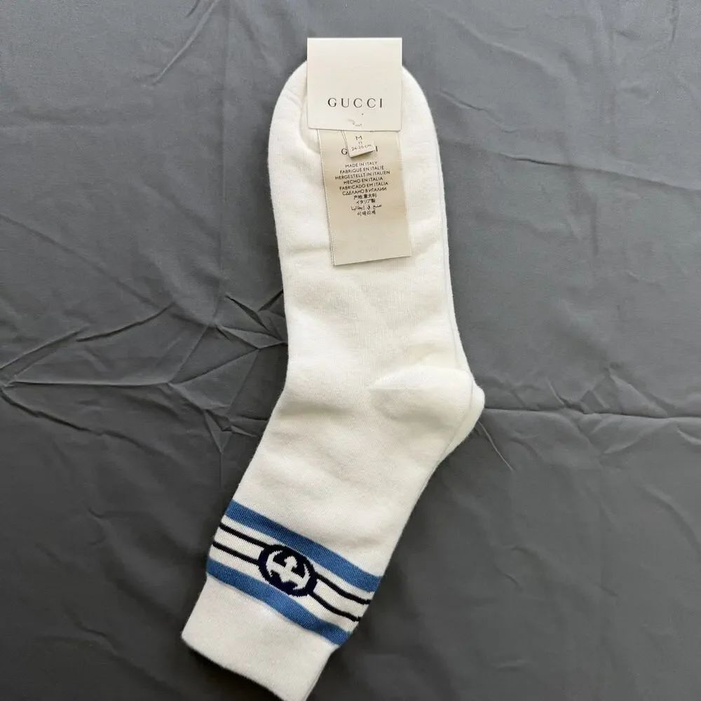 Gucci GG Logo Socks Men M White Blue Interlocking G NWT